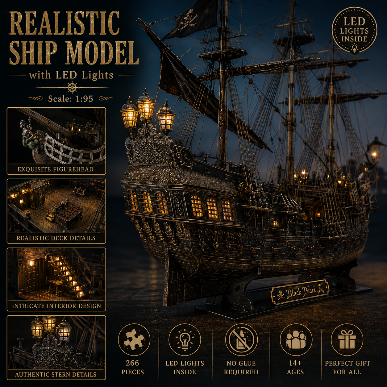 CubicFun Queen Anne's Revenge 3D Pirate Ship Puzzle with LED Lights – 340 Pieces