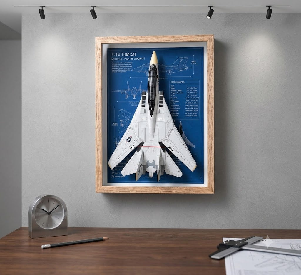 F-14 Tomcat 3D Aircraft Shadow Box Frame – Fighter Jet Blueprint Wall Art