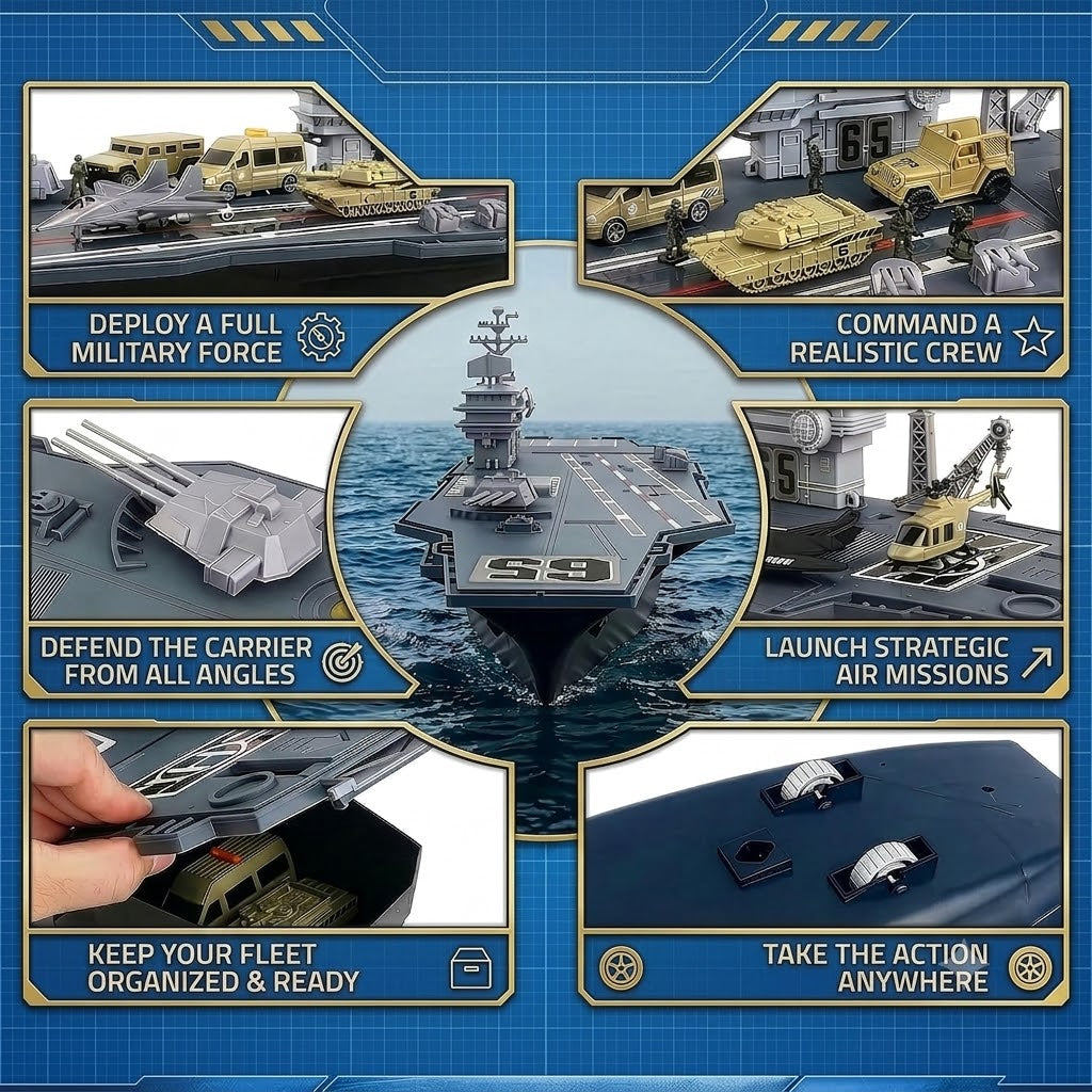 33-Inch Military Aircraft Carrier Mega Playset with Fighter Jets & Army Vehicles