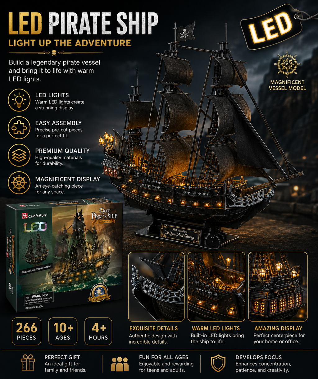 CubicFun Queen Anne's Revenge 3D Pirate Ship Puzzle with LED Lights – 340 Pieces