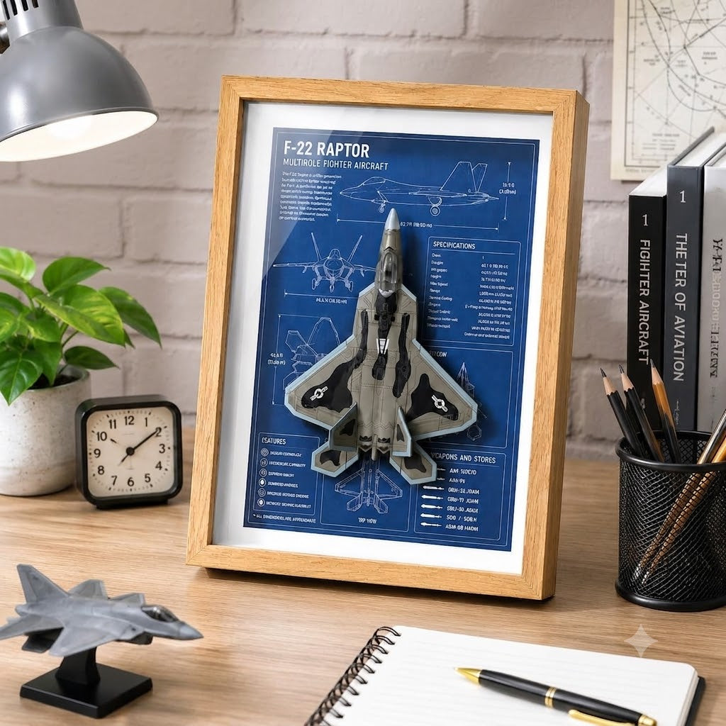 F-22 Raptor 3D Aircraft Shadow Box Frame – Fighter Jet Blueprint Wall Art