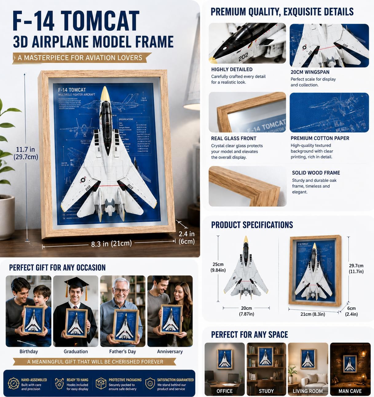 F-14 Tomcat 3D Aircraft Shadow Box Frame – Fighter Jet Blueprint Wall Art