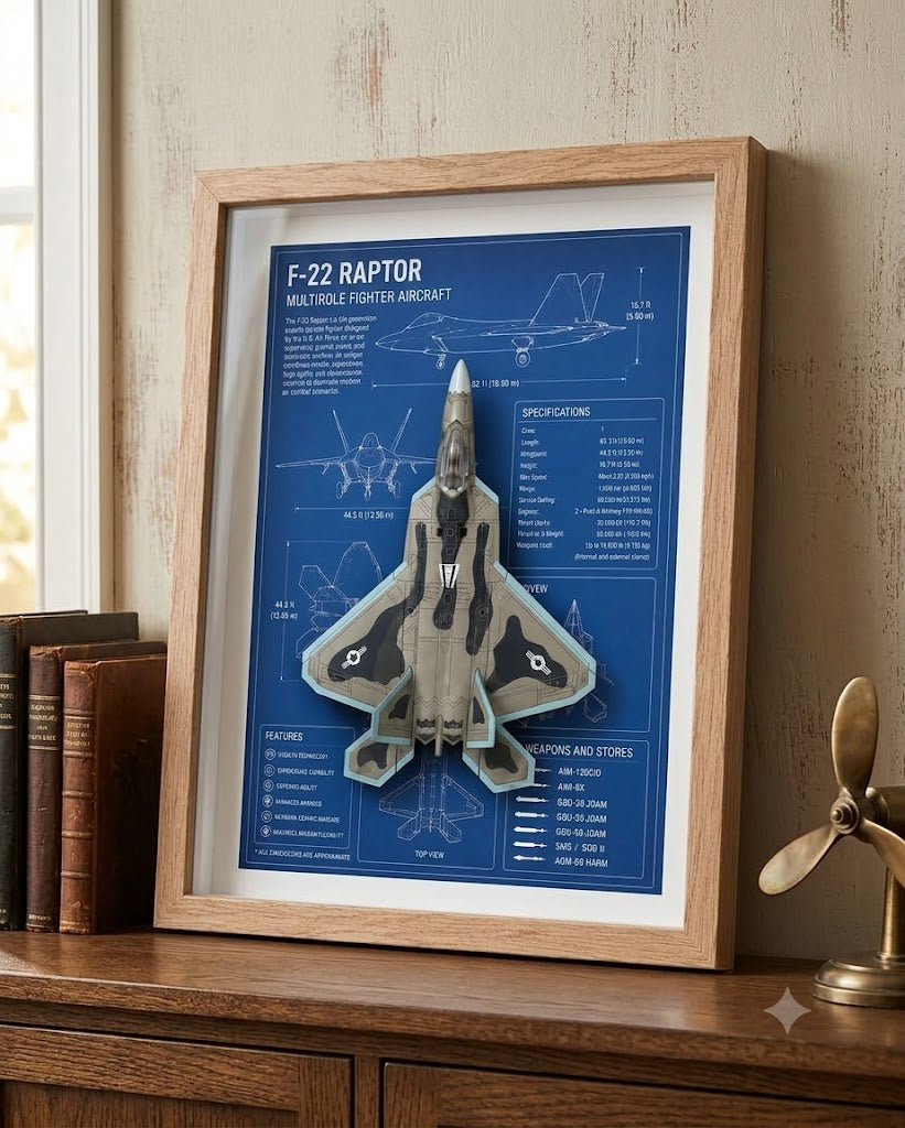F-22 Raptor 3D Aircraft Shadow Box Frame – Fighter Jet Blueprint Wall Art