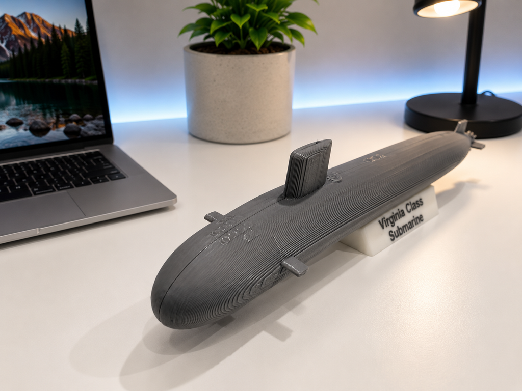 Virginia Class Submarine 3D Printed Model Kit Card with Display Stand | DIY Snap-Together Navy Submarine