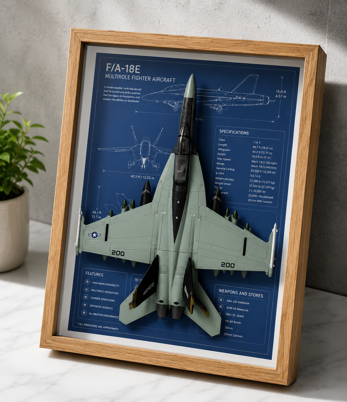 F-18 Hornet 3D Aircraft Shadow Box Frame – Fighter Jet Blueprint Wall Art