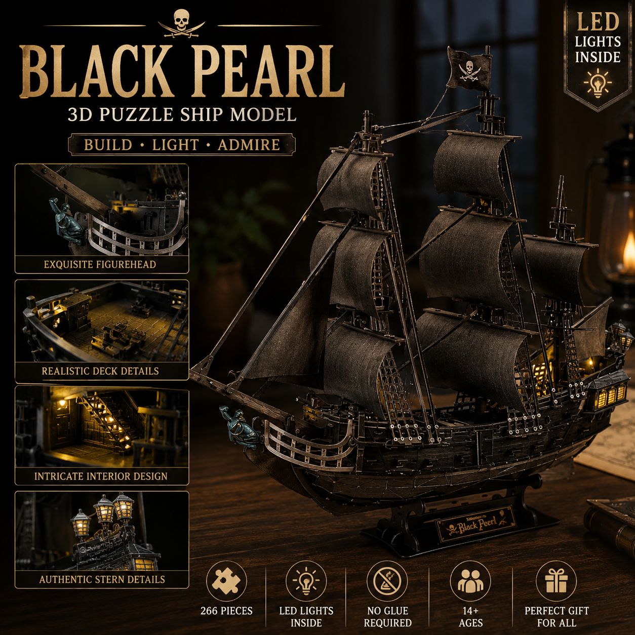 CubicFun Queen Anne's Revenge 3D Pirate Ship Puzzle with LED Lights – 340 Pieces