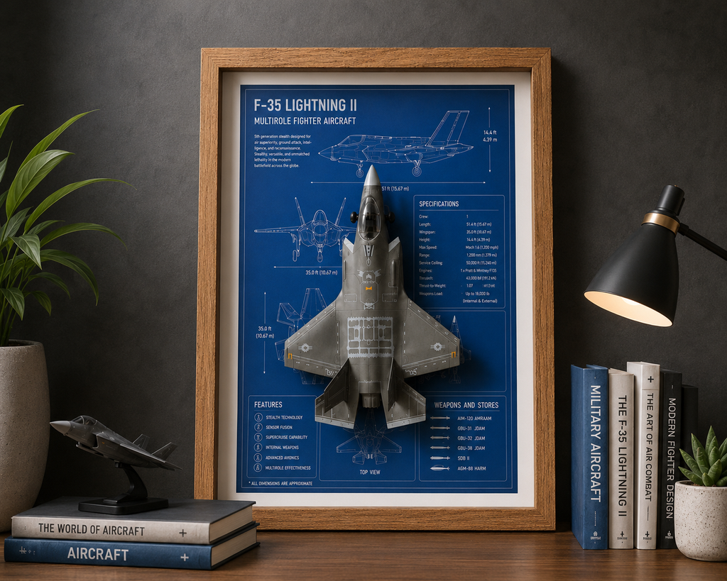 F-35 Lightning II 3D Aircraft Shadow Box Frame – Fighter Jet Blueprint Wall Art