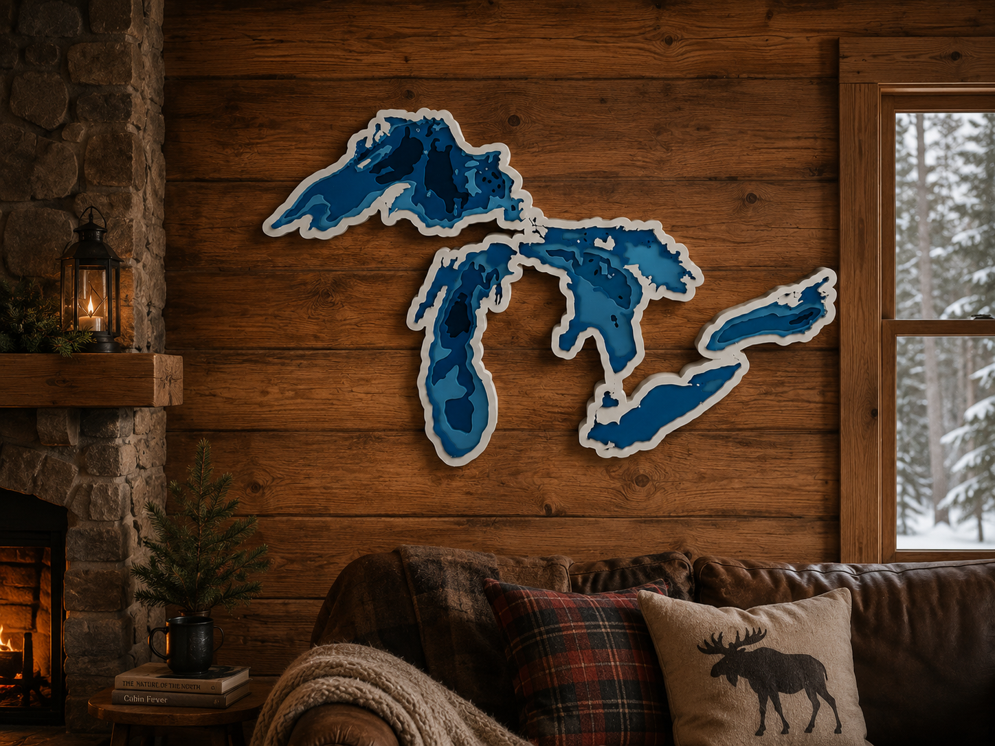Great Lakes Layered Wall Art – 3D Printed Michigan Lake Map Decor