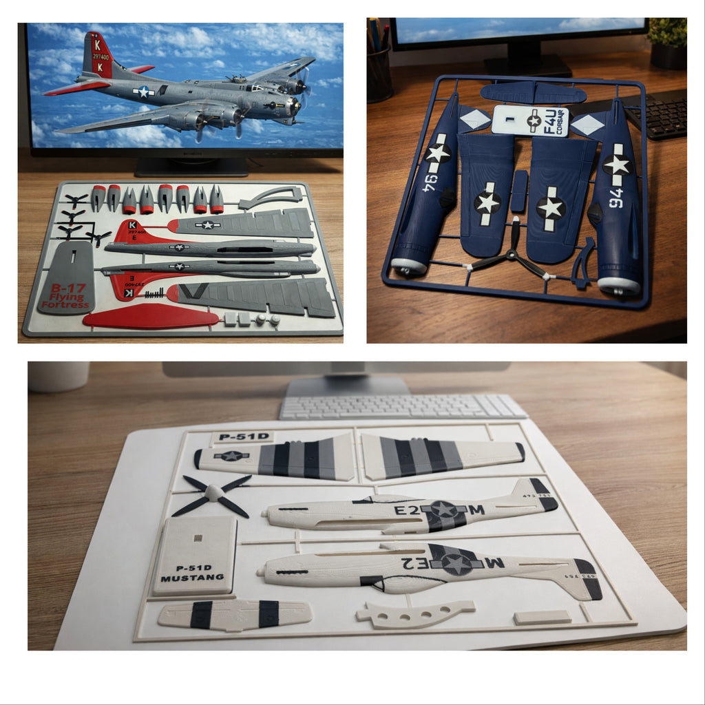 WWII Aircraft Bundle 3D Printed Model Kit Collection – B-17, B-29, P-51, F4U Corsair & A6M Zero