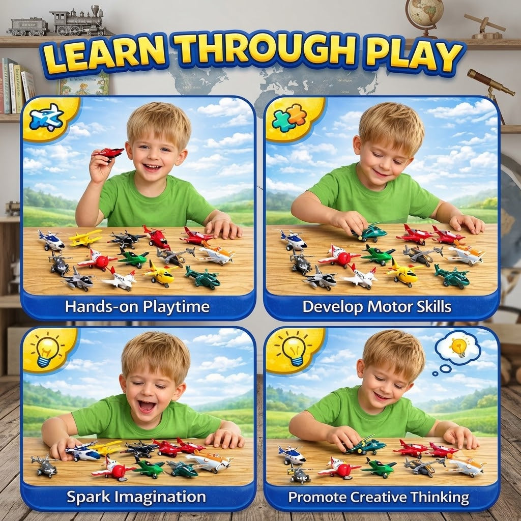 12 Pack Pull Back Airplane Toy Set – Fighter Jets, Helicopters & Aircraft