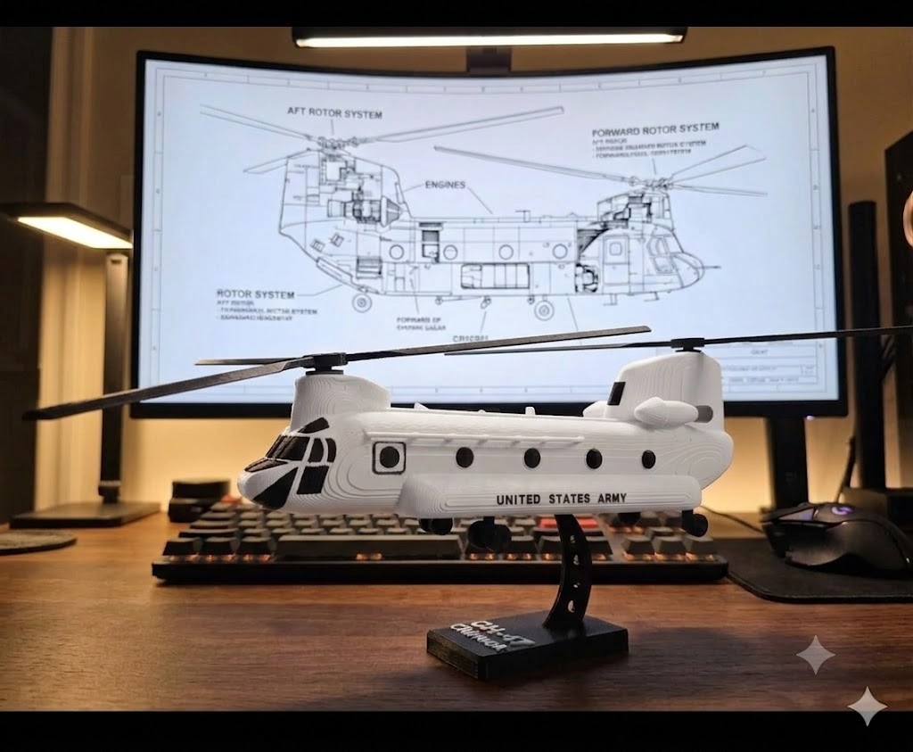 CH-47 Chinook Helicopter Loose Piece Display Model – 3D Printed Military Helicopter