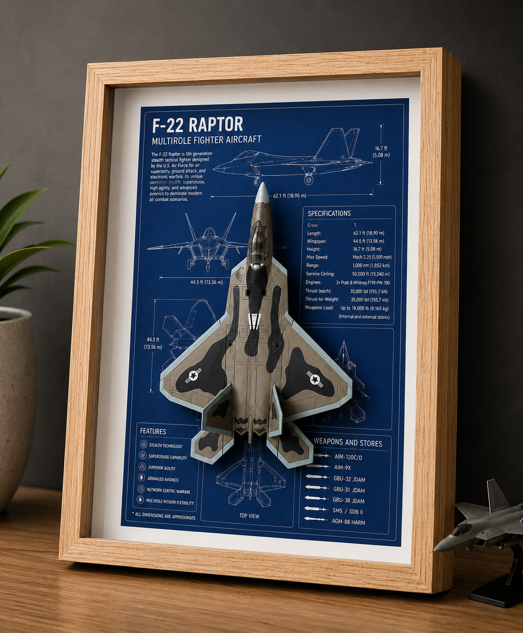 F-22 Raptor 3D Aircraft Shadow Box Frame – Fighter Jet Blueprint Wall Art