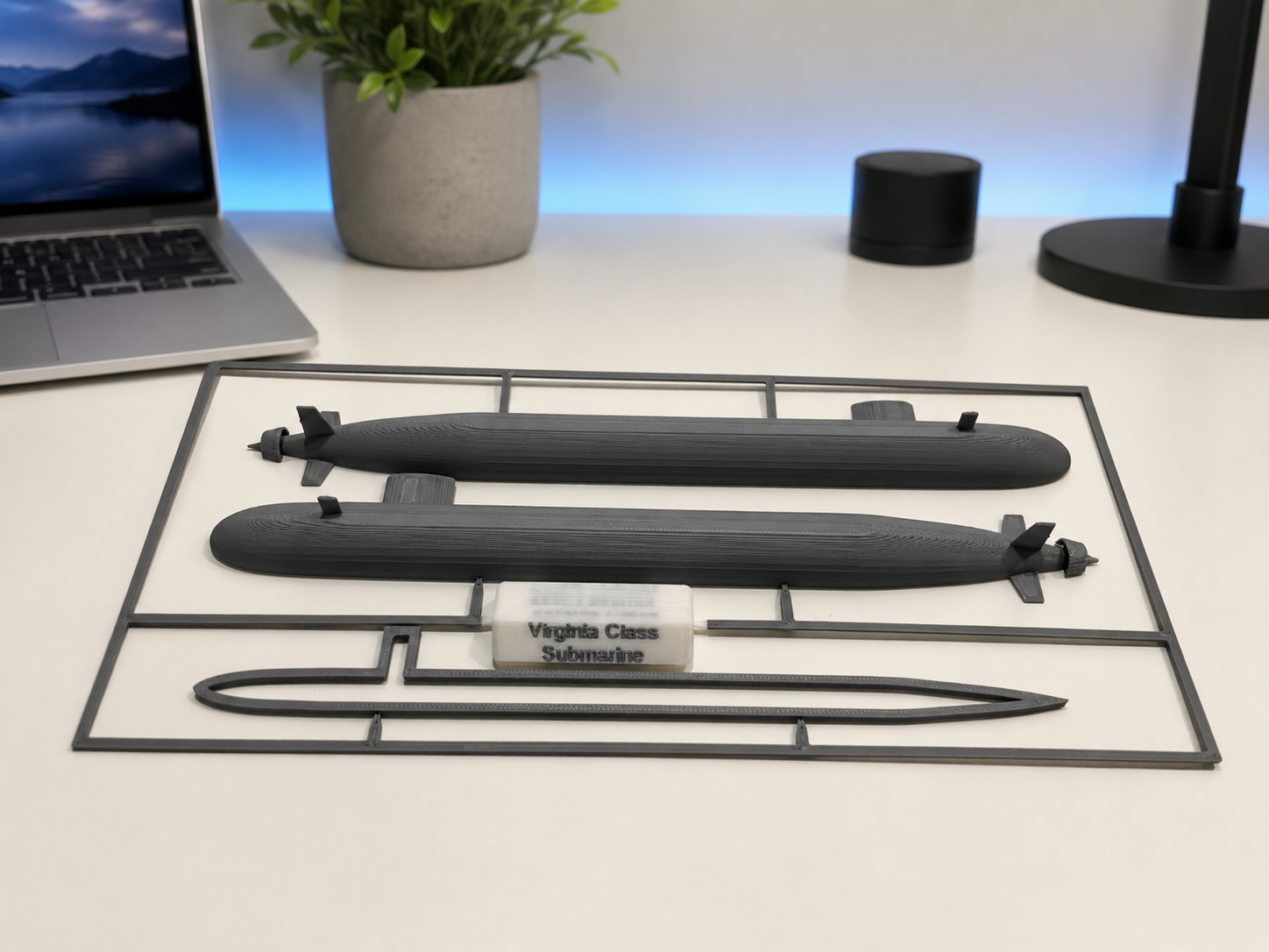Virginia Class Submarine 3D Printed Model Kit Card with Display Stand | DIY Snap-Together Navy Submarine