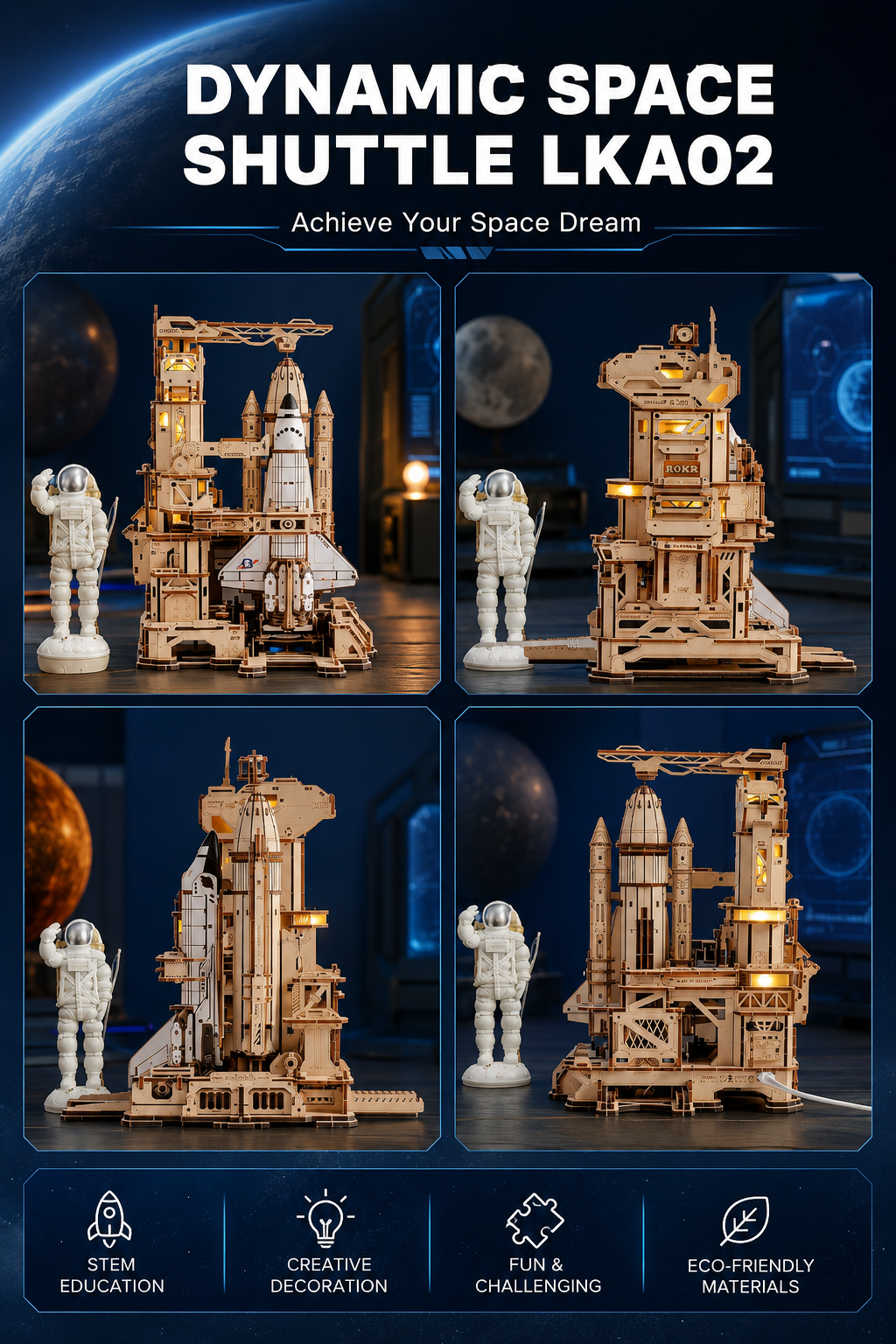 ROKR Space Shuttle 3D Wooden Puzzle with Interactive LED Launch Sequence