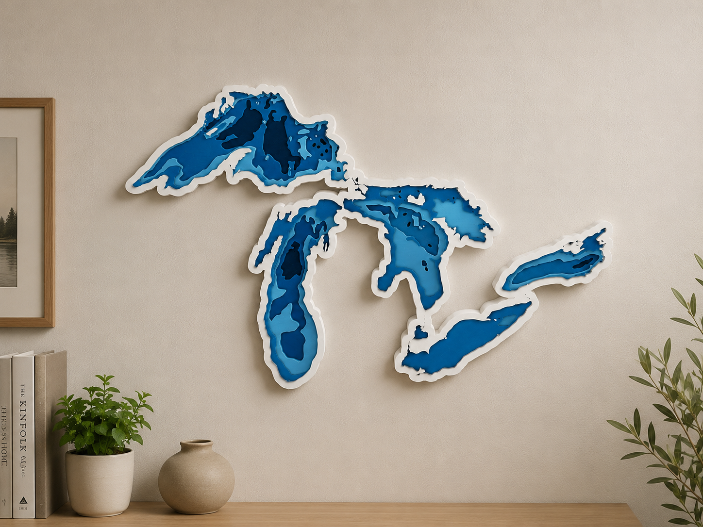 Great Lakes Layered Wall Art – 3D Printed Michigan Lake Map Decor