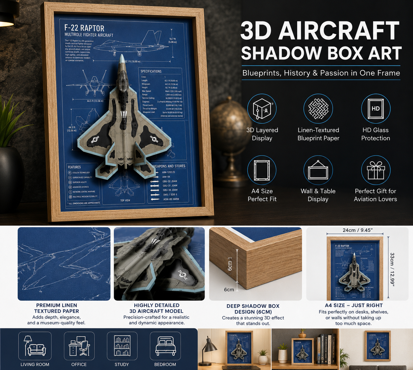 F-22 Raptor 3D Aircraft Shadow Box Frame – Fighter Jet Blueprint Wall Art