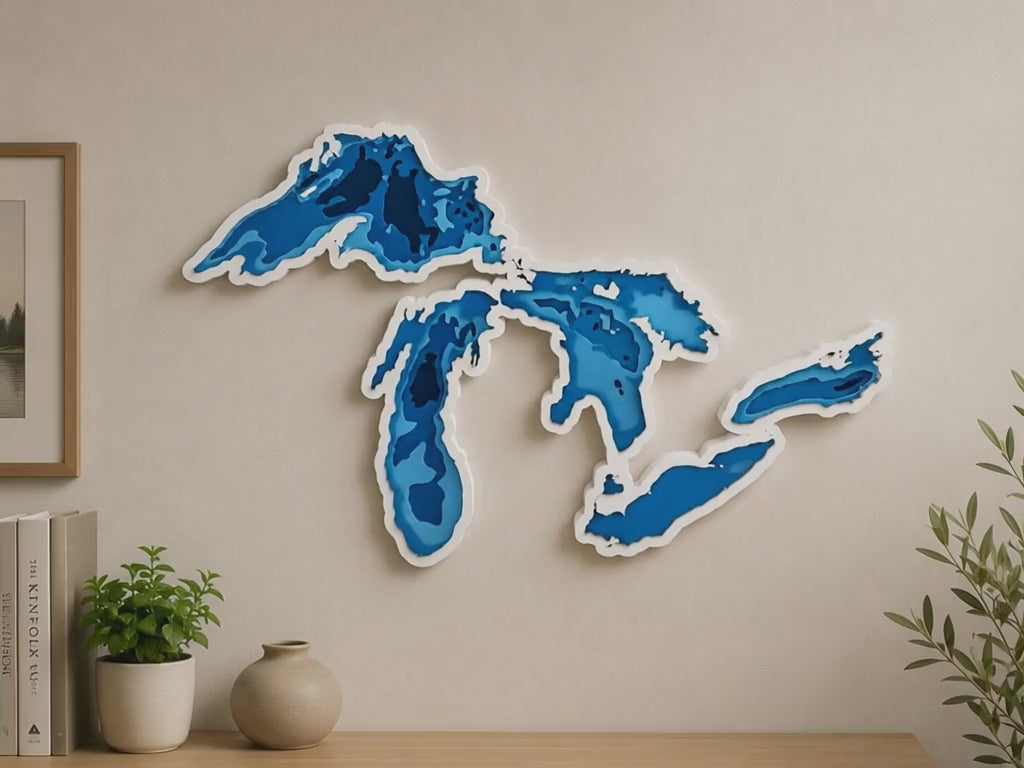 Great Lakes Layered Wall Art – 3D Printed Michigan Lake Map Decor