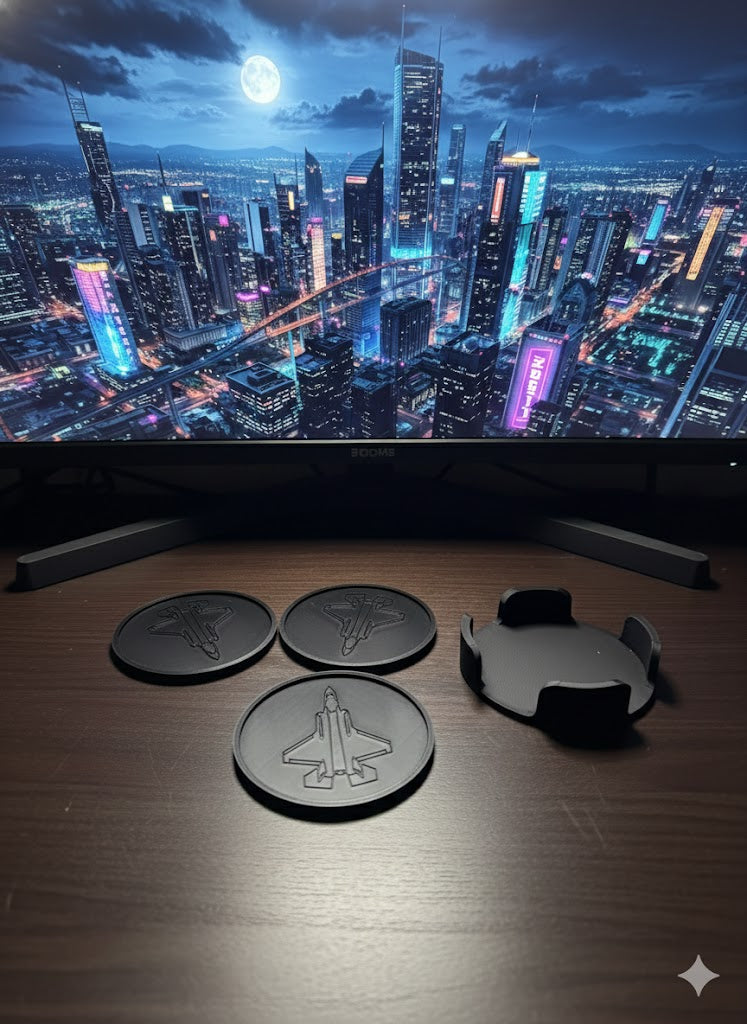 Fighter Jet Coaster Set Fighter Jet Coaster Set – 3D Printed Aviation Drink Coasters – Military Aircraft Desk & Bar Decor – Airplane Coaster Holder Set