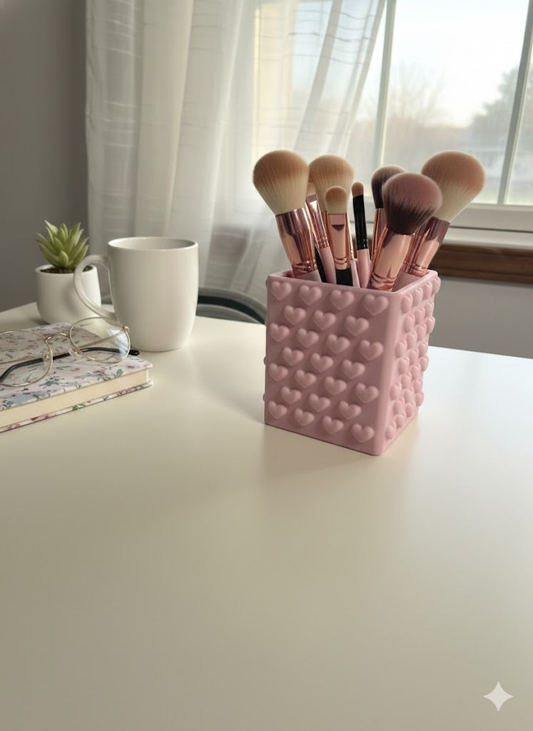 Heart Pattern Makeup Brush Holder & Pen Cup – Cute Pink Desk Organizer