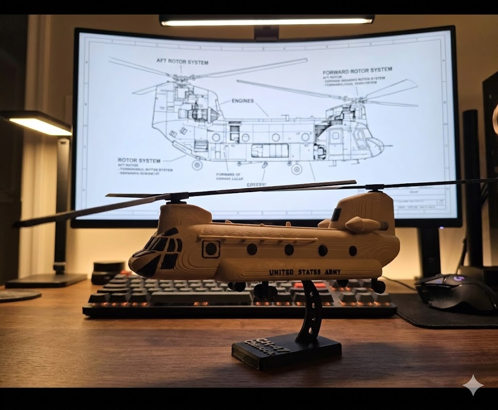 CH-47 Chinook Helicopter Loose Piece Display Model – 3D Printed Military Helicopter