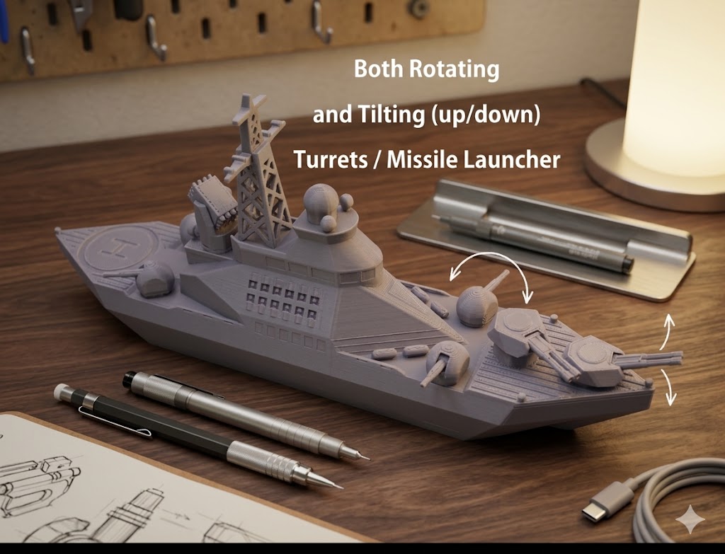 Sea Serpent 3D Printed Warship Display Model – Rotating Turrets Naval Ship Decor