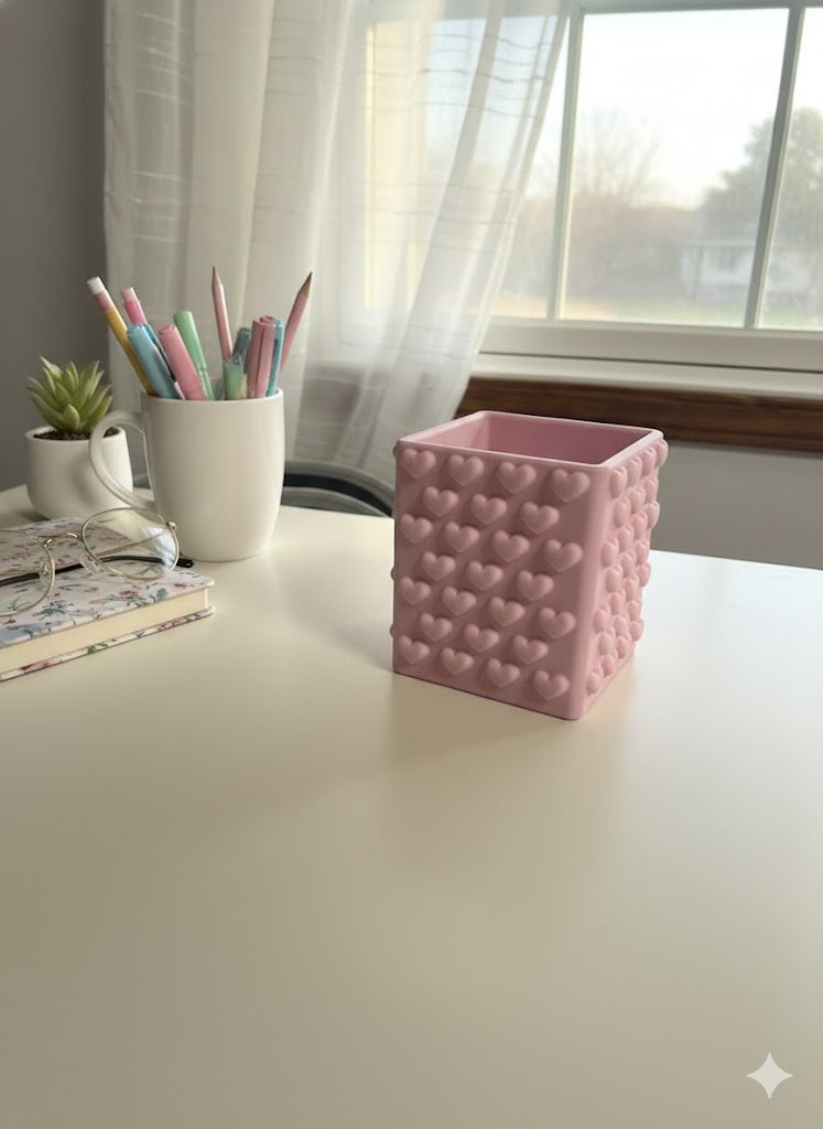 Heart Pattern Makeup Brush Holder & Pen Cup – Cute Pink Desk Organizer